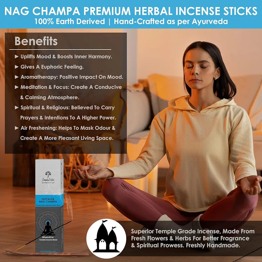 Simply Vedic Nag Champa Incense Sticks 250g with Holder – 135 Hand-Rolled Natural Agarbatti – No Charcoal, Long-Lasting Aromatherapy for Yoga, Meditation, Relaxation, Spiritual Healing, Pooja, Home